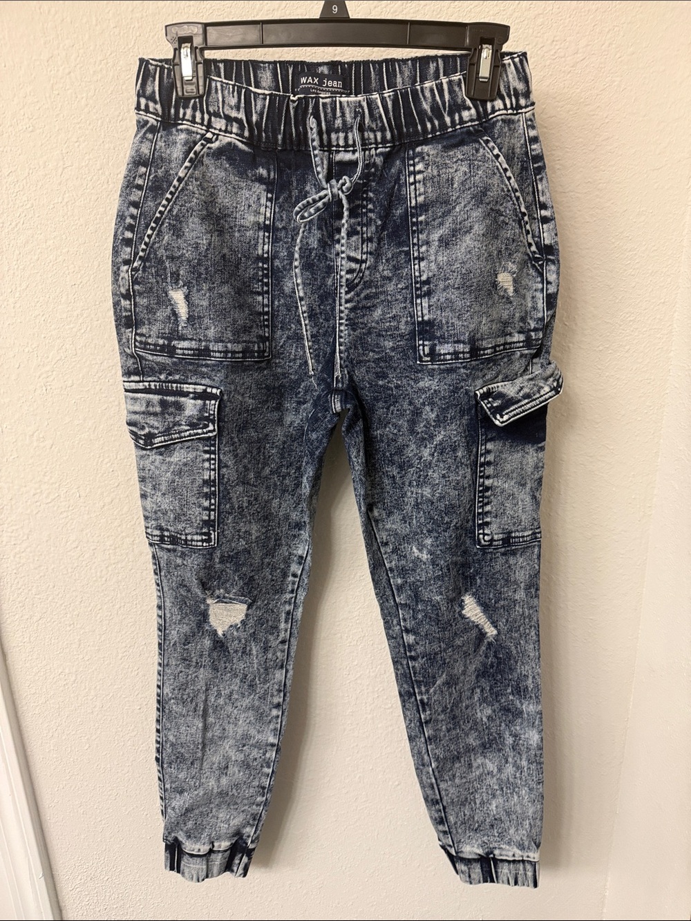 Wax Jean Men's Acid-Wash Cargo Joggers - Washed Blue